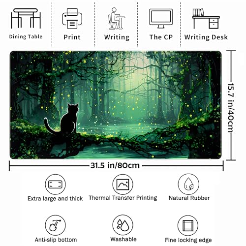Kawaii Green Forest Desk Pad Mouse Pad Cute Black Cat Desk Mat, XXL Extended Anime Cats Large Gaming Mousepad, Computer Keyboard and Mouse Deskpad Decor Deskmat with Stitched Edges Mat 31.5x15.7 in - color: Green Forest Cat