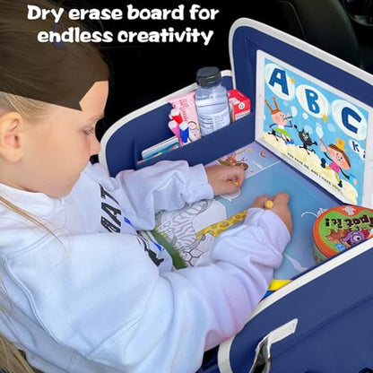 MENZOKE Car Seat Tray for Kids with Educational Drawing Board, Tablet Holder & Cooler Cup Holder, Essential for Car Travel & Airplane Trips, Space Pattern Design, Dark Blue - color: Navy Space