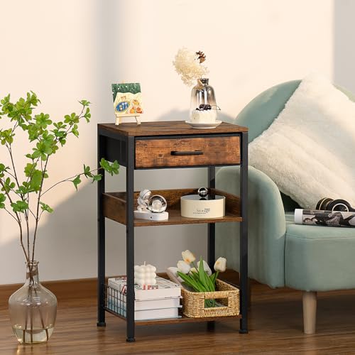 Lerliuo End Table with Fabric Drawer,3 Tier Industrial Wood Side Table with Storage,Modern Tall Printer Stand,Vintage Brown Nightstand,Rustic Bedside Tables for Living Room Bedroom Small Spaces - color: Brown