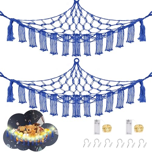 CERETIA Stuffed Animal Hammock with LED Light, Large Stuffed Animals Storage Corner Plushie Net for Kids Room Decor, 2 Packs Royal Blue - color: Royal Blue, size: Large-(Package of 2)