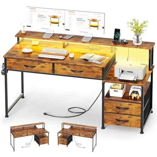53" Computer Desk with 4 Drawers & Power Outlets, Reversible Home Office Desk with Monitor Stand & Printer Stand, Gaming Desks with Led Lights, Study Writing Work Desks Table for Bedroom, Vintage - color: Rustic Brown