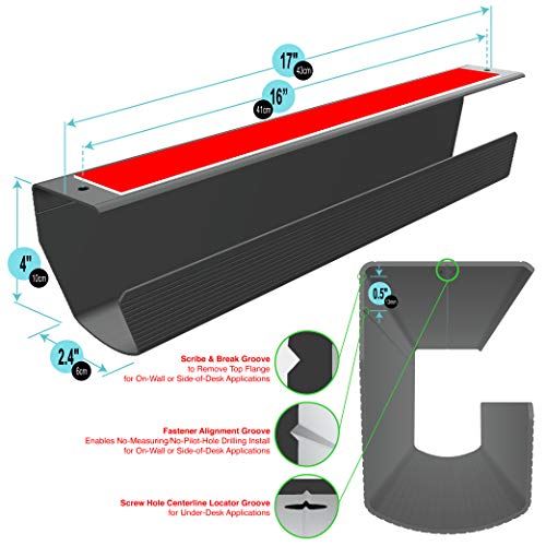 Cable Management Tray, Under-Desk, On-Wall or Side-of-Desk, 17x4x2.4”, 2-PK, Hide & Organize Your Cables, Power Supplies and Power Strips, Bonus 10-Pk Cable Ties