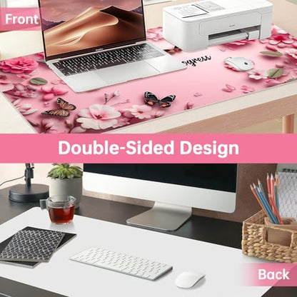 PU Leather Desk Mat Blotter,Cute Pink Desk Mat for Office, Home,School,Keyboard,Mouse,15.7"x31.5" Large Non-Slip Writing Mat with Travel Storage Strap, Waterproof Easy to Clean (Pink Butterfly) - style: Pink Butterfly