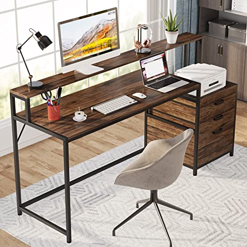 Tribesigns 63 Inch Computer Desk with File Drawer Cabinet, Ergonomic Office Desk with Monitor Stand, Industrial Computer Table with Printer Space, Wood PC Table Workstation Desk for Home Office - color: Rustic Brown
