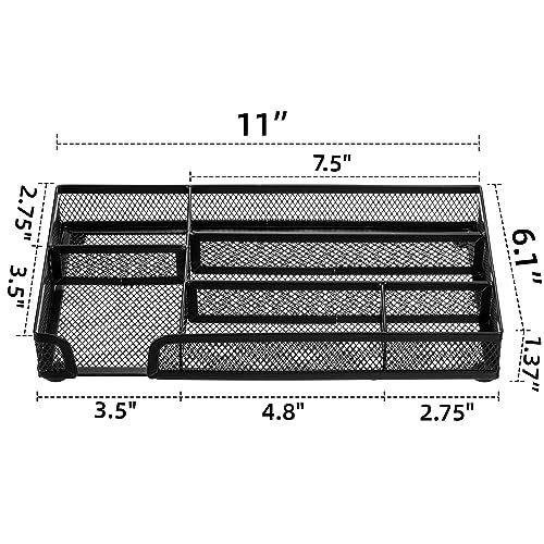 Noamus 2 Pack Desk Drawer Organizer, Metal Mesh Drawer Office Tray, 6 Compartments Pen Organizer Storage Box, Desktop Basket Accessories for Home Office School Kitchen Vanity Supplies, Black