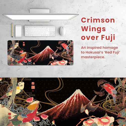 BELLEMOND Japanese Art Desk Mat | Large 31.5x11.8in Anime Mouse Pad for Keyboard & Mouse | Non-Slip Base, Water-Repellent | Original Japanese Design | Crimson Wings Over Fuji - color: Crimson Wings Over Fuji
