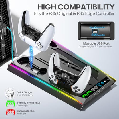 Rysker PS5/Slim/Pro Stand, PS5 Cooling Station Built-in 3-Level Cooling Fan & Fast Charger for Disc & Digital, PS 5 Accessories with Safety Screw and Headset Holder for PlayStation 5 Case - color: Deep Black