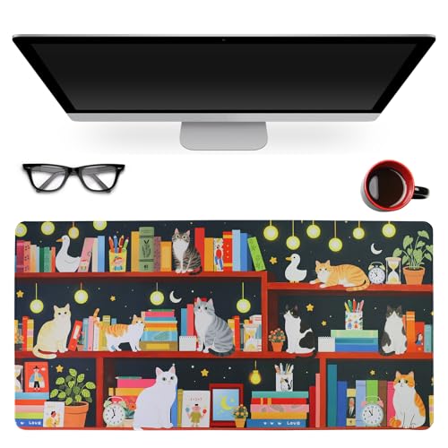 PERFECTSIGHT Cute Cat Desk Pad Kawaii Kitty Desk Mat, Large Gaming Mouse Pad, Funny Deskmat Mousepad, Anime Laptop Keyboard Pad Office Home Decor for Women Girls, Black - color: Black