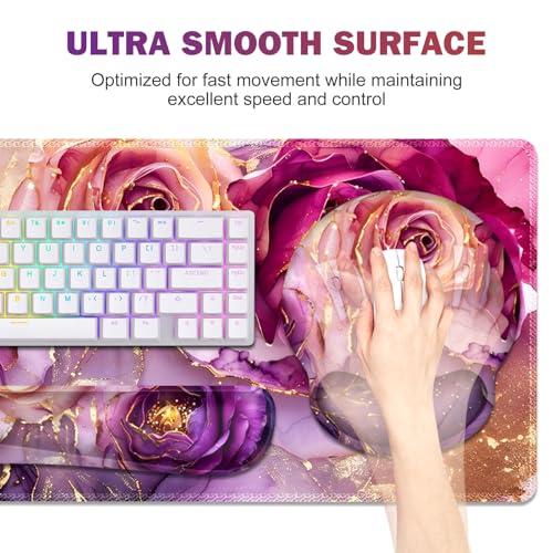 Gaming Mouse Pad, Large Desk Mat, Cute Desk Pad Protector, 4in1 XXL Mousepad + Keyboard Wrist Rest+Mouse Wrist Rest+Coaster Set with Ergonomic Desk Pad for Home Office PC, Marble Rose Purple Flowers - color: Marble Rose Purple Flowers