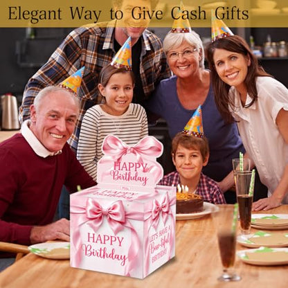Pink Bow Birthday Money Gift Boxes for Cash, Bow-Tiful Birthday Money Pull Box for Women Girls - color: White
