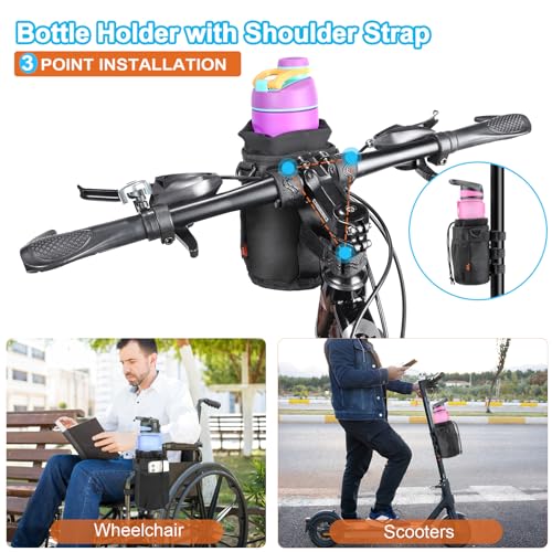 Bike Water Bottle Holder 32oz - 40oz Bike Cup Holder Multi-Holes Installing Insulated Water Bottle Holder for Bike with Removable Non-Slip Hook&Loop Fasteners and Shoulder Strap (Black) - color: Oxford Cloth, Black