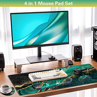 Canjoy Gaming Mouse Pad Set, 4-in-1 XXL Large Mouse Pad + Keyboard Wrist Rest Support+ Coaster, (35.4×15.7 in) Extended Desk Pad Memory Foam Non-Slip Desk Mat for Home Office - color: Dark Green Gold Marble