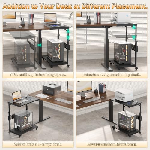 Besiost Computer Tower Stand with Outlets, PC Stand for Floor, 24" | 4 Levels Manual Height Adjustable PC Stand for Carpet Under Desk, Rolling Computer Cart with Wheels, Carbon Fiber Black - size: 24"