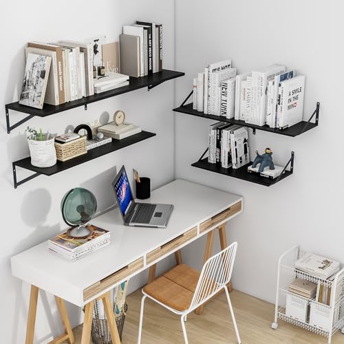 Heimlove Black Deep Floating Shelves for Wall, 48W x 12D Wood Wall Shelves Set of 2, Wide Floating Bookshelf for Living Room, Kitchen, Office, Bedroom and Decor Storage, with Metal Bracket - Black - color: Black With Black Metal Bracket, size: 48wx12dx5.8