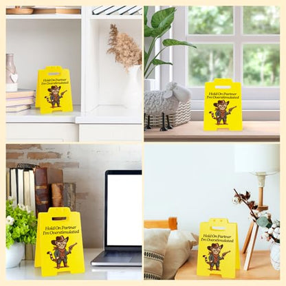 Funny Cowboy Cat Desk Sign - Hold On Partner I'm Overstimulated - Sassy Office Decor, Western Humor Gag Gifts for Cat Lovers, Coworkers, Women, Men - style: Western Cowboy Cat