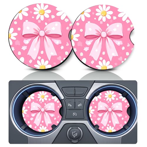 2PCS Pink Bow Daisy Car Cup Holder Coasters,Cars Coasters for Cup Holders,2.75" Universal Anti Slip Rubber Mat with Finger Slot,Pink Bow Daisys Car Accessories Interior Decor,Daisy Gifts for Women,Men - color: Bow Daisy