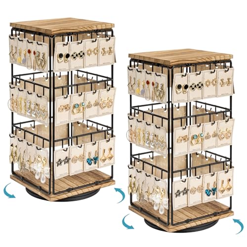 360 Rotating Earring Display Stands for Selling, Earring Rack Display Holder Stand, Jewelry Display for Selling Earring Cards, Necklaces, Rings, Bracelets, Hair Accessories (2 Pack) - color: Brown, size: 2Pcs-Rotating Size
