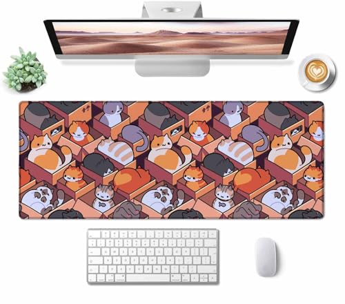 Gaming Mouse Pad, XXL Extended Computer Keyboard Long Mouse Mat, Large Desk Pad for Office Laptop, Non-Slip Rubber Base with Stitched Edge Mousepad, 31.5X11.8 inch Cute Cartoon Cat - color: Cute Cartoon Cat, size: 31.5L x 11.8W inches