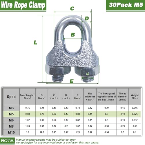 30PCS M5 Heavy Duty Wire Rope Clamps, 3/16-Inch Zinc Plated Wire Cable Clamps for Secure Connections – Boat, Tent, Clothesline, Rigging & More - size: M5-30PCS