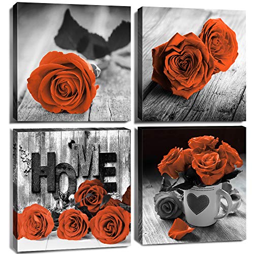 Burnt Orange Wall Art Floral Wall Art for Living Room Vintage Rose Flower Pictures Couples Bedroom Bathroom Rustic Modern Black and White Canvas Prints Kitchen Office Home Decoration 12×12" 4 Pcs/Set - color: Orange Rose Flower, size: 12x12in