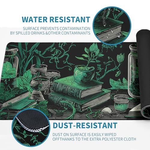 Dark Academia Gaming Mouse Pad Abstract Black Mouse Pad 31.5x11.8 Inch Mystical Green Plant Texture Non-Slip Rubber Base Large Mousepad Stitched Edges Keyboard Mouse Mat Desk Pad for Office and Home - color: Dark Academia