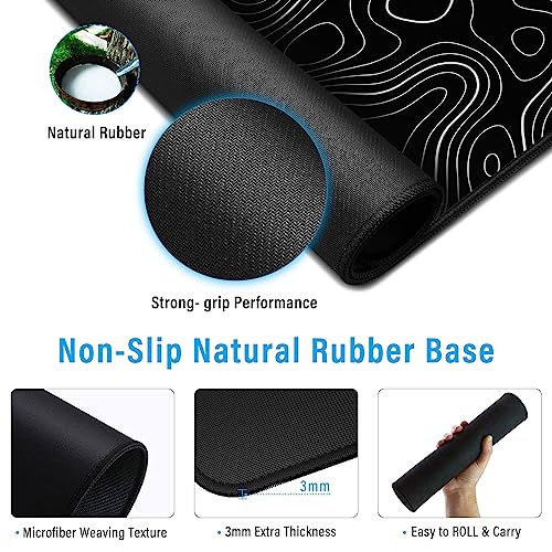 Large Gmaing Mouse Pad with Stitched Edges, Superior Micro-Weave Cloth, Non-Slip Base, Size 35.4 X 15.7X 0.12inches - Black Topographic Contour - color: Silver