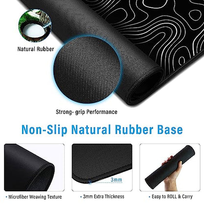 Large Gmaing Mouse Pad with Stitched Edges, Superior Micro-Weave Cloth, Non-Slip Base, Size 35.4 X 15.7X 0.12inches - Black Topographic Contour - color: Silver
