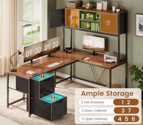 SEDETA L Shaped Gaming Desk, Reversible Computer Desk with Fabric Drawers and Power Outlet, Gaming Desk with Led Lights, Hutch and Storage Shelf for Home Office (Black and Brown) - color: Black and Brown