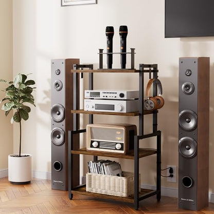 HYPIGO 4-Tier AV Media Corner Shelf, Game Console Stand with 2 Hooks, Stereo Audio Component Rack, Small Entertainment Center for Video Game and Vinyl Record Storage, Rustic Brown