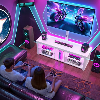 TV Stand with Mount for 55/65/70 Inch TVs Wood TV Stands for Living Room with Power Outlet & LED Lights Entertainment Center Gaming Console for Bedroom, Height Adjustable Swivel TV Mount, White - color: White