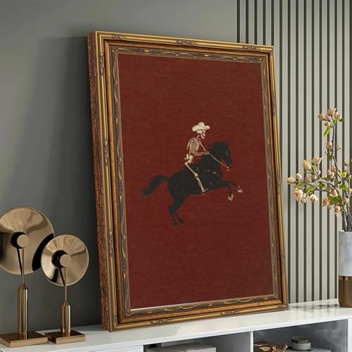 Electrilucn Gold Framed Vintage Skeleton Cowboy Riding Horse Canvas Wall Art Poster Black Horse Painting Picture Rustic Gothic Western Cowboy Halloween Wall Decor for Living Room Bedroom 16x24in - color: Skeleton Horse, size: 24"L x 16"W