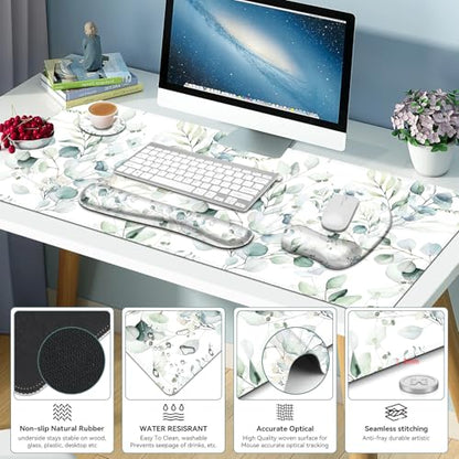 Large Mouse Pad with Wrist Support 4in1 Set, XXL Big Game Mousepad +Keyboard Wrist Rest+Mouse Wrist Rest+Coaster with Ergonomic Design Gaming Mat for Home Office Computer I Eucalyptus Branches - color: Eucalyptus Branches