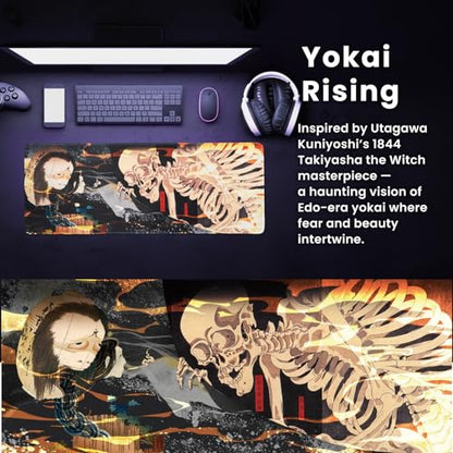 BELLEMOND Japanese Art Desk Mat | Large 31.5x11.8in Anime Mouse Pad for Keyboard & Mouse | Non-Slip Base, Water-Repellent | Original Japanese Design | Yokai Rising - color: Yokai Rising