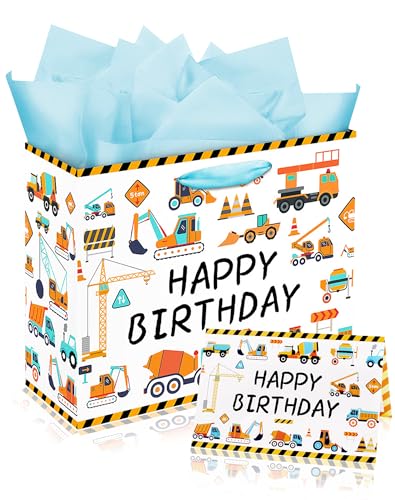 Woohookaka 13" Construction Birthday Gift Bag for Boys, Truck Themed Party Supplies with Tissue Paper & Card, Durable Engineering Vehicles Gift Bag for Kids Birthday Party Favors - color: Truck