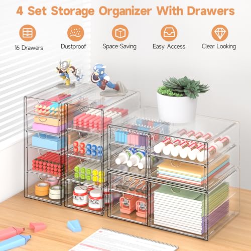 Makeup Drawer Storage Organizer with 16 Drawers, 4 Set Acrylic Office Desk Organization and Storage, Dustproof Drawer Organizer for Makeup, Office, Countertop, Jewelry, Pen, Desktop, Bathroom, Bedroom - size: 16 Drawers