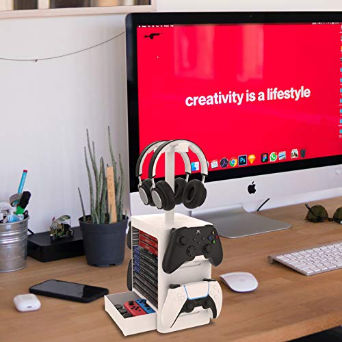 Multifunctional Game Disk Storage Tower Holder,Game Disk Rack and Controller/Headset Stand Holder Compatible with Xbox Series X/Nintendo Switch/PS5/PS4-White - color: white