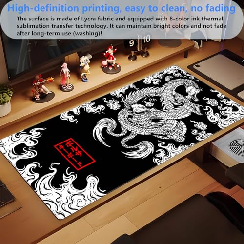 Japanese Dragon Desk Mat, Black White Large Gaming Mouse Pad 31.5x15.7 in | Stunning high contrast ink dragon desk pad providing elite tracking accuracy, plush support, and anti-fray borders. - color: Dragon