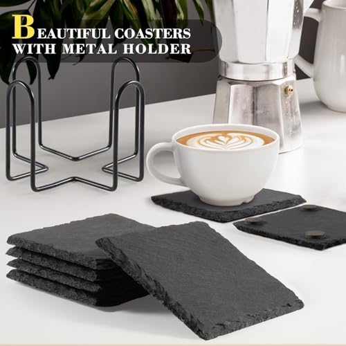 Slate Drink Coasters with Metal Holder, GOH DODD Set of 8 Black Coasters, 4 Inch Stone Coaster Set Tabletop Protection for Home Outdoor Kitchen Apartment Decor Housewarming Gifts Wedding Party, Square - color: Black
