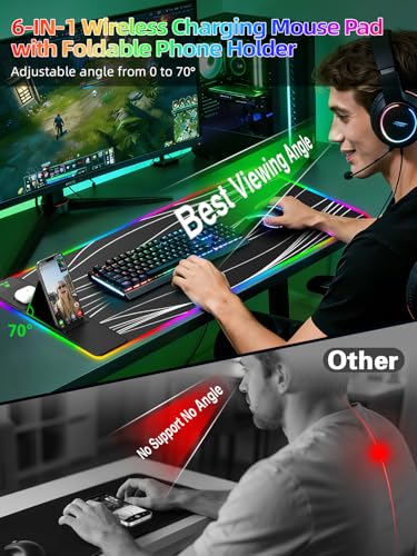 Mouse Pad with Foldable Phone Holder & Wireless Charger, XXL RGB Gaming Mousepad 31.5"x15.8" Large Desk Mat for Keyboard, Black Desk Pad with Dual Qi Charging Station | 11 Colors 5 Modes - color: Wave-Phone Holder-31.5"x15.8"