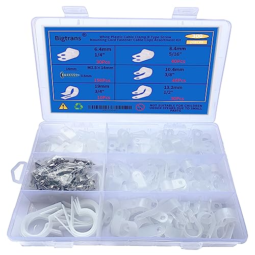 Bigtrans 300 Pcs Nylon Plastic R-Type Wire Clips with Screws 1/4" 5/16" 3/8" 1/2" 3/4" Clamps Fasteners Assortment for Cable Conduit -5 Size -White - color: White, size: 300 Pack Clips with Screws