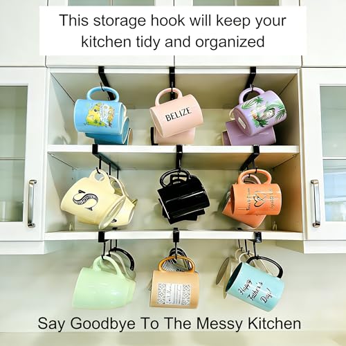 Black Clip-On Under Cabinet Mug Holder with 3 Storage Hooks | Fits boards ≤0.9", rustproof, holds mugs, utensils, scarves for kitchen RV storage - color: Black