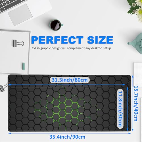 Desk Pad, Green Honeycomb Science Technology Extended Gaming Mouse Pad Large, 35.4"x15.7" Big Mouse Pad with Non-Slip Base and Stitched Edge, Long Computer Keyboard Mouse Mat for Home Office Work - color: Green Technology Honeycomb, size: 35.4"x15.7"