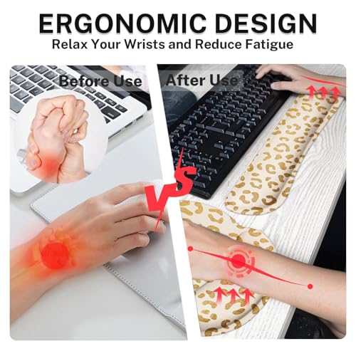 Arttown Leopard Desk Mat Gold Leopard Mouse Pad Set 4 in 1 Ergonomic Design Large Mouse Pad + Keyboard Wrist Rest + Mouse Wrist Rest + Coaster Suitable for Home Office Study Game - color: Gold Leopard