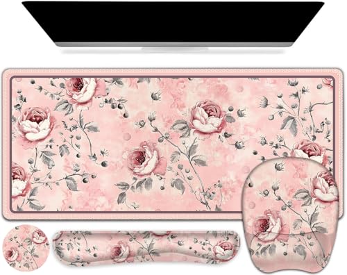 4 in 1 Large Mouse Pad, Keyboard Wrist Rest Set, Ergonomic Mouse Pad with Wrist Support, Desk Mat with Stitched Edges Extended Desk Pad Waterproof Desk Mat for Home Office Game I Pink Rose Flowers - color: Pink Rose Flowers