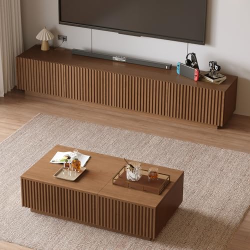 Walnut TV Stand and Lift-Top Coffee Table Set with Fluted Panel | Living Room Furniture Set, Walnut Finish, Adapts to Mid-Century Modern and Contemporary Home Styles