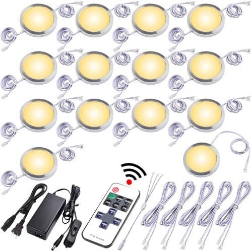 Under Cabinet LED Puck Lights, Counter Closet Lighting, Daisy Chained linkable, 110V Plug-in & Direct Hardwiring, Wireless RF Remote Control Dimmable, White Cables, Warm White, 14 Lights - color: 14 Lights, Warm white