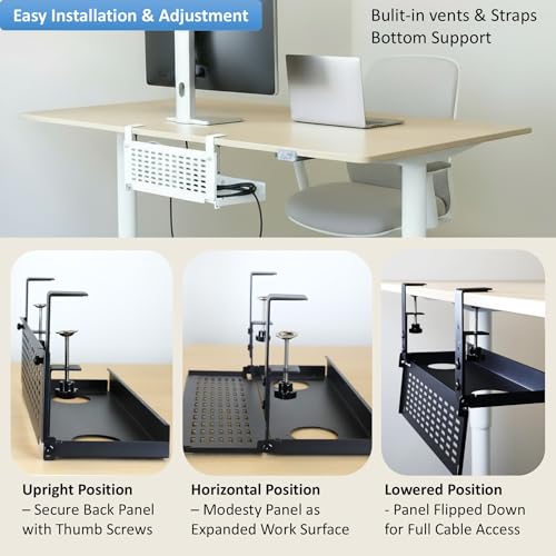 AEONS Universal Under Desk Cable Management Tray-Clamp Mount Hinged Swing Modesty Panel Organizer for Office Desks Easy Access Flip-Down position Power Strip Cord Storage No-Drill 25 lb Capacity White - style: 16" Swing, White