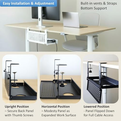 AEONS Universal Under Desk Cable Management Tray-Clamp Mount Hinged Swing Modesty Panel Organizer for Office Desks Easy Access Flip-Down position Power Strip Cord Storage No-Drill 25 lb Capacity White - style: 16" Swing, White