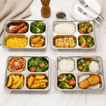 Foaincore 8 Pack 304 Stainless Steel Divided Plates Rectangular Portion Control Plates with Compartments Unbreakable Metal Food Tray for Lunch, Dinner, Camping, Heavy Gauge (4 Compartment) - style: 4 Compartment