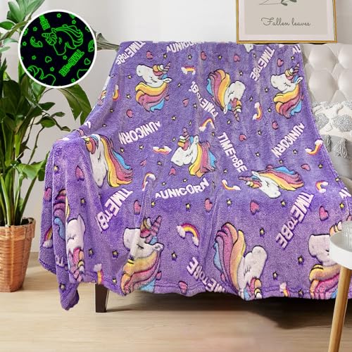 COMFAR Unicorn Blanket for Girls, Glow in The Dark Personalized Baby/Toddler Blanket, Soft Fleece Unicorns Gift Age 1-12, 50in x 60in - color: Unicorn 1, size: 50"x 60"